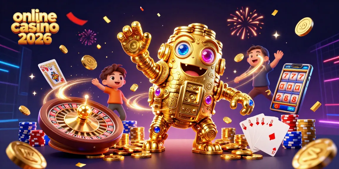online casino 2026 kínáló játékok és bónuszok ünneplése, aranyérmekkel és kártyákkal