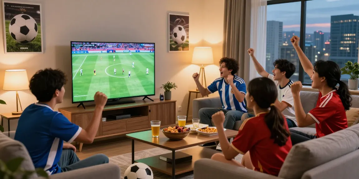 Friends enjoying a kooralive match together in a cozy living room, lively atmosphere.