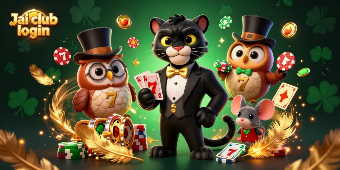 Engage in gaming action with Jai club login, featuring stylish panther dealing cards surrounded by slot elements and vibrant designs.