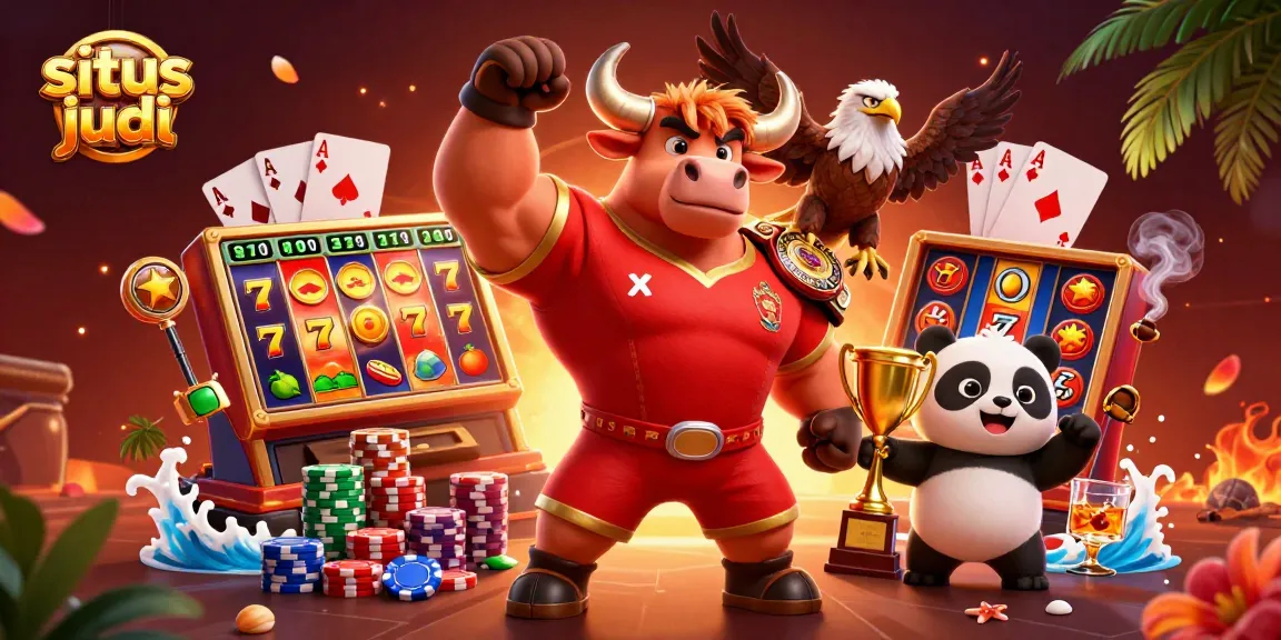 Menangkan permainan situs judi slot dengan simbol keberuntungan dan trofi emas.