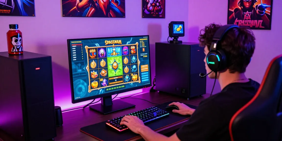 Player enjoying a Spaceman slot game on a vibrant gaming setup with colorful graphics.