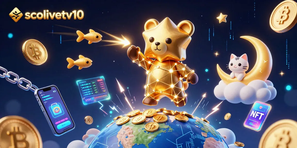 Socolivetv10 captures a constellation bear scooping coins, surrounded by vibrant crypto elements and casino symbols.