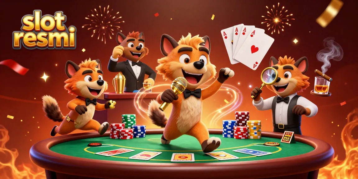 Menggulir mesin slot resmi di JPTOTO, dengan hyena berdiri dan mencampur minuman dalam suasana kasino yang meriah.