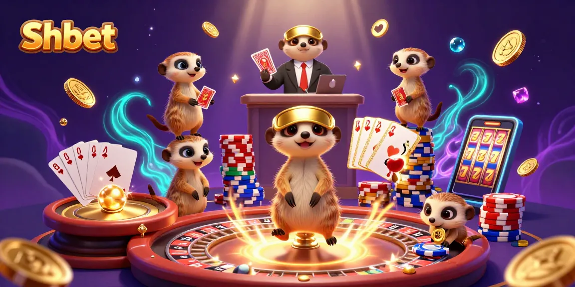 Shbet showcases a lively casino scene with meerkats engaging in gaming action and vibrant slot reels.