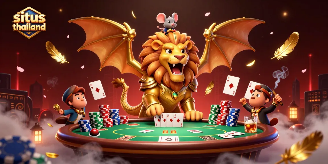 Engage with thrilling situs thailand gameplay showcasing a golden chimera at a vibrant poker table.