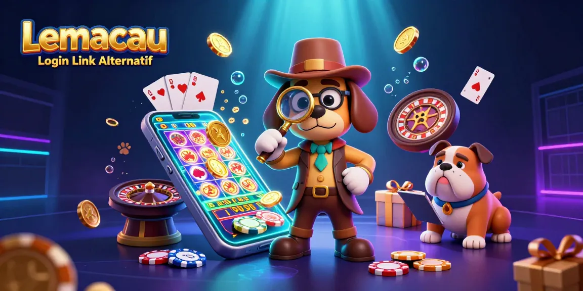 Spin to win with Lemacau Login Link Alternatif as cartoon detective examines poker chip clues in a vibrant casino scene.