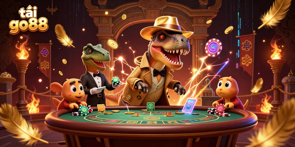 Join the excitement at tải go88 with a velociraptor card counter and stegosaurus pit boss in a vibrant casino scene.