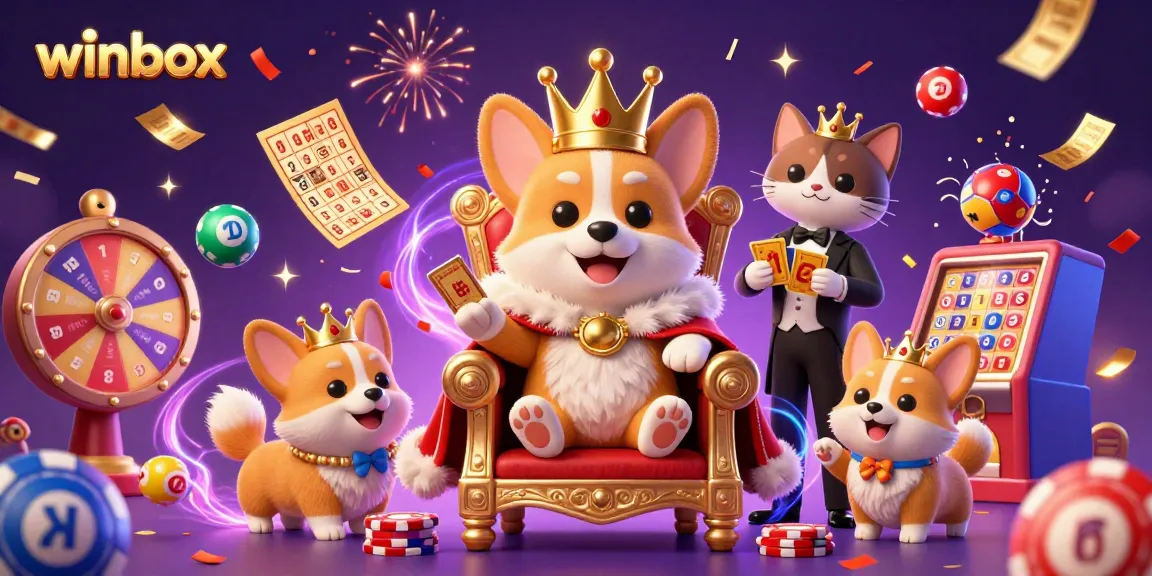 Winbox casino illustration featuring a royal corgi on a throne of poker chips, colorful gambling elements, and festive effects.