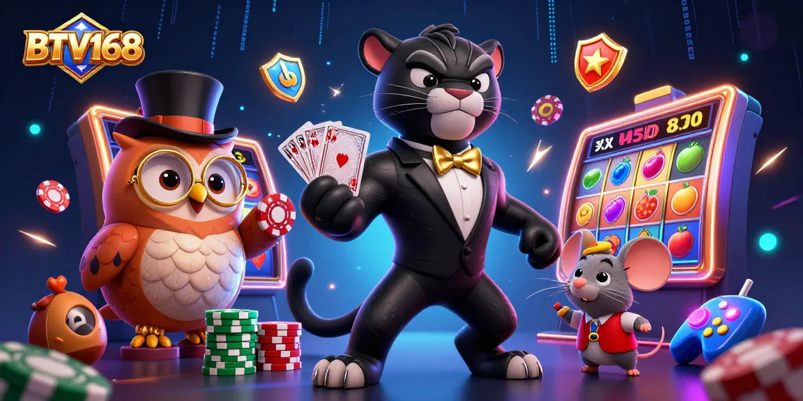 BTV168 showcases stylish gaming creatures enjoying a vibrant casino atmosphere filled with slot reels and poker chips