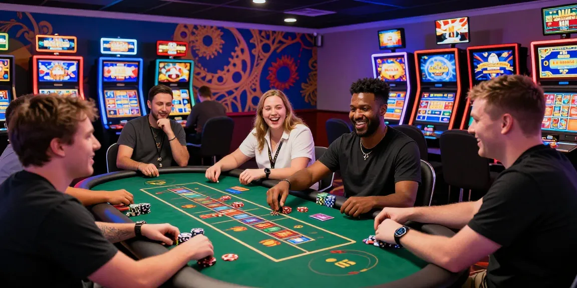 Players enjoying games at a credit card casino, vibrant atmosphere with neon lights and modern gaming technology.