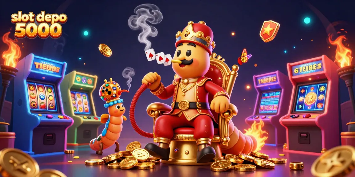 Experience the excitement of slot depo 5000 with vivid colors and dynamic game elements in an engaging illustration.